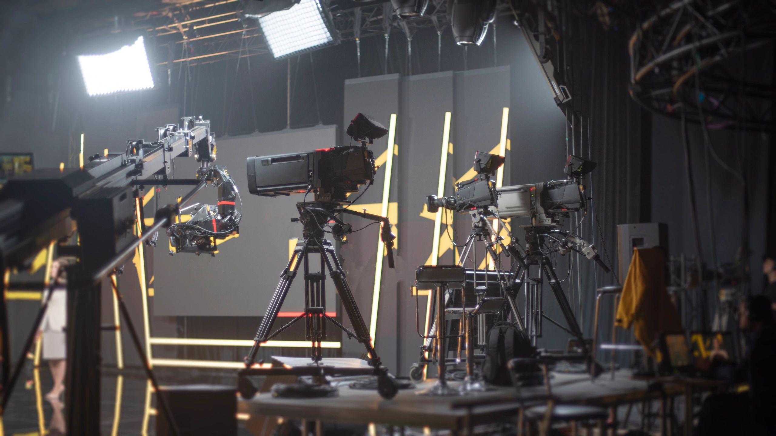 Professional television news studio prepared for a global broadcast